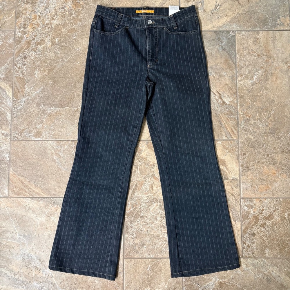 MAC Jeans Women's Y2K Blue Pinstripe Flare Jeans Rhinestone Heart Pockets‎ 28x27